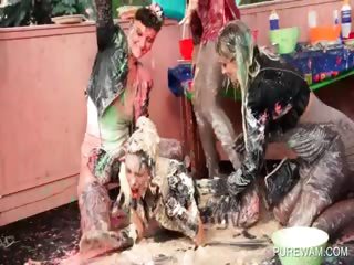 Fancy lesbos fighting with messy cream at an orgy